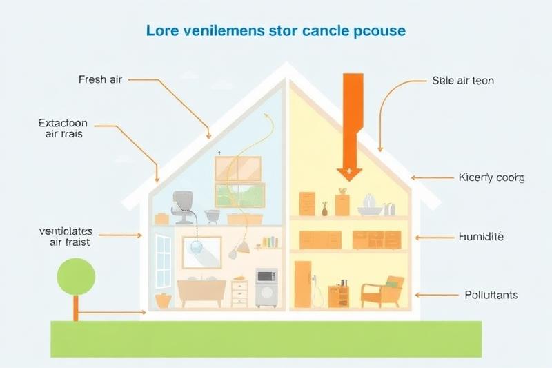 Schéma de la circulation de l'air dans une maison : entrées d'air, extraction par VMC et sources d'humidité