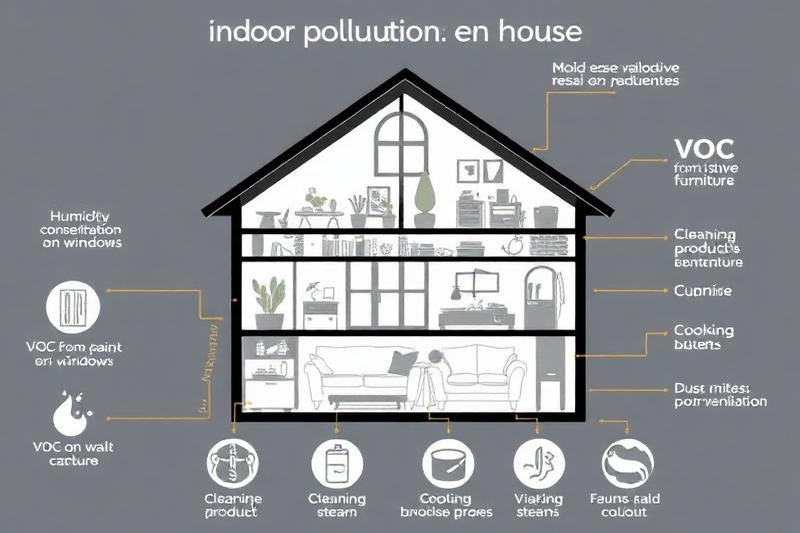 Schéma des différentes sources de pollution de l'air intérieur dans un logement
