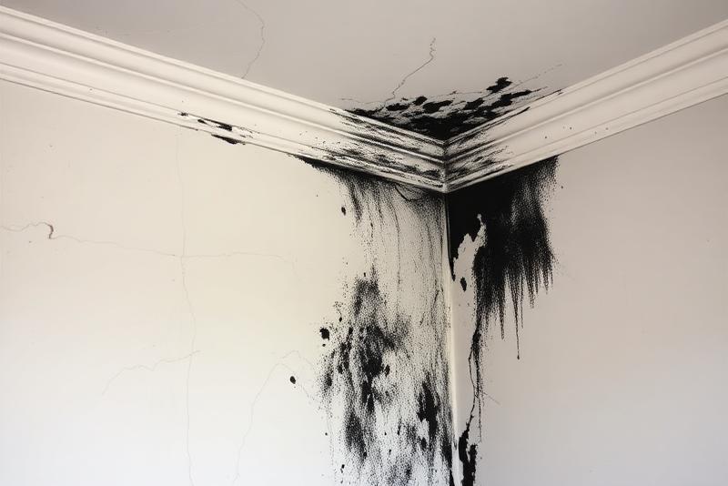 Moisissures noires sévères dans l'angle d'un mur et du plafond d'une chambre, signe d'un problème d'humidité structurel