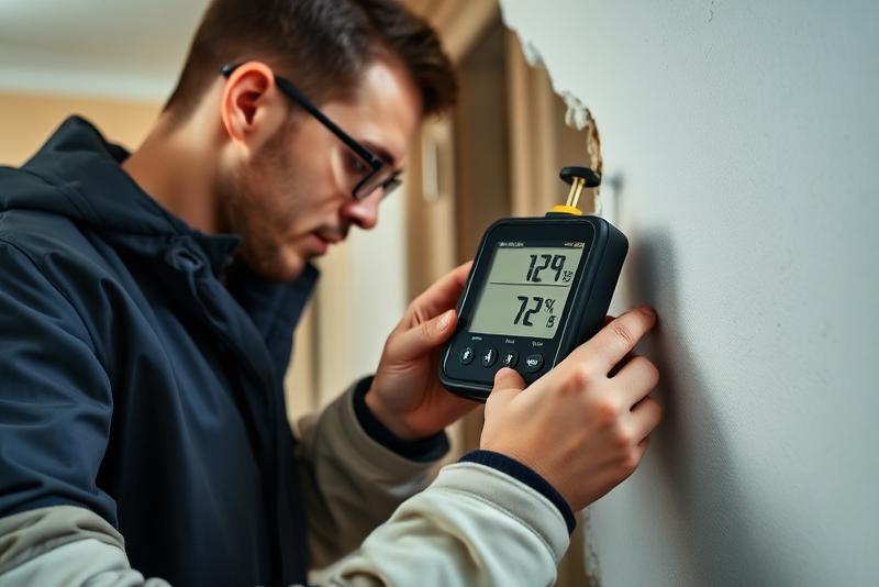 Expert en humidité mesurant le taux d'humidité d'un mur avec un hygromètre professionnel dans un appartement