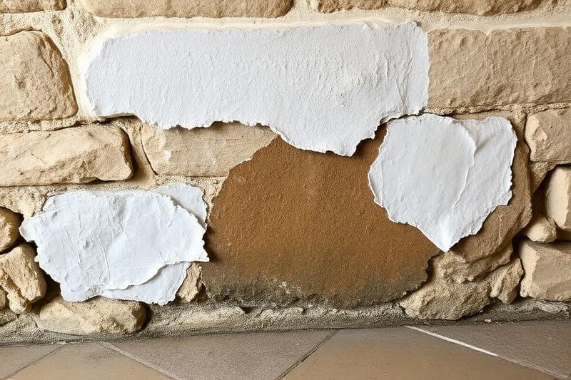Remontées capillaires en pied de mur avec dépôts de sels blancs et enduit dégradé sur mur en pierre ancien