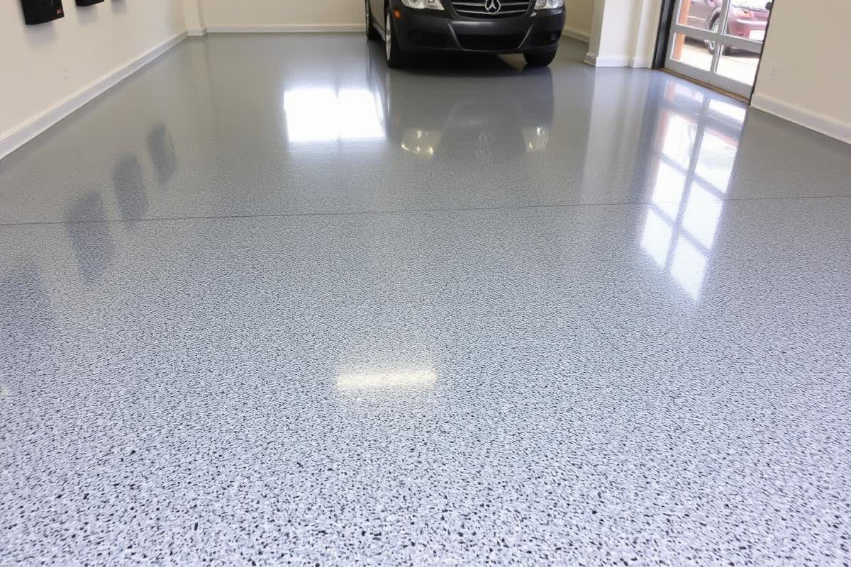 Finition flake sur garage résidentiel — chantier de sol en résine époxy