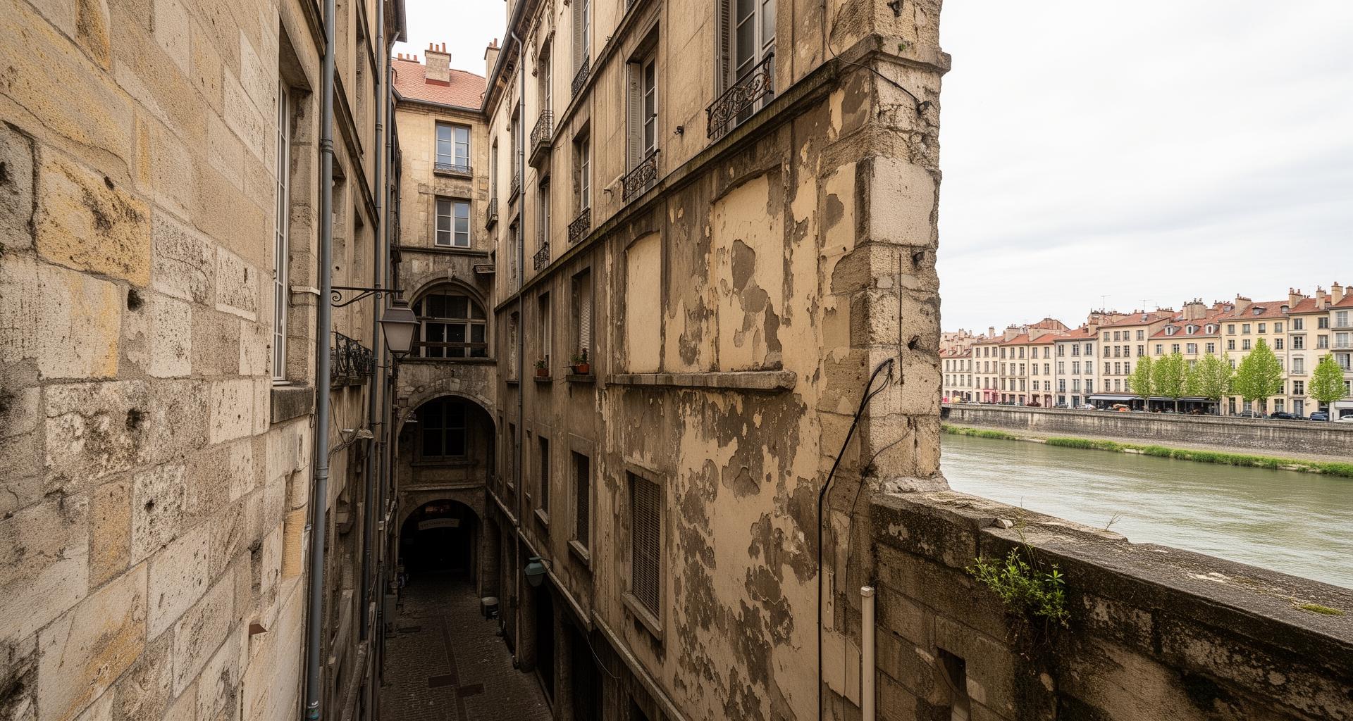 Immeubles anciens du Vieux Lyon avec façades en pierre dorée typiques du Rhône