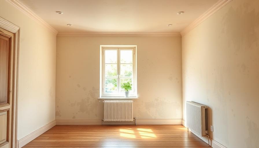 Salon d'une maison française avec traces d'humidité visibles sur les murs