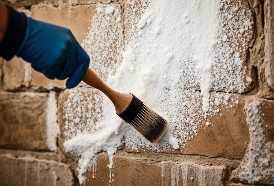 Brossage à sec des cristaux de salpêtre sur un mur de cave en pierre, opération de nettoyage temporaire