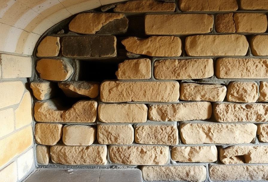 Cave en pierre d'une maison ancienne avec traces d'humidité et dégradation des joints de mortier