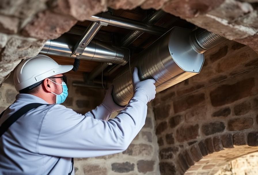 Technicien installant un système de ventilation mécanique dans une cave en pierre, conduits métalliques au plafond