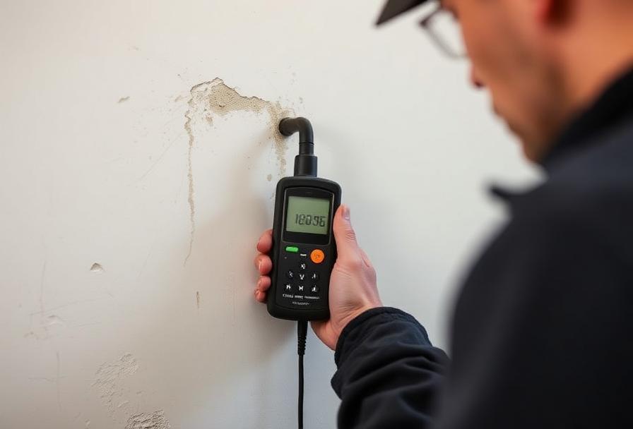 Technicien utilisant un hygromètre professionnel pour mesurer le taux d'humidité d'un mur intérieur présentant des traces de salpêtre