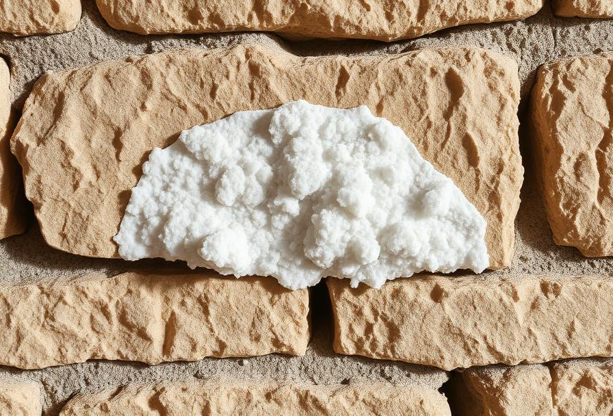 Cristaux de salpêtre sur un mur en pierre calcaire d'une maison ancienne, montrant l'efflorescence minérale blanche caractéristique