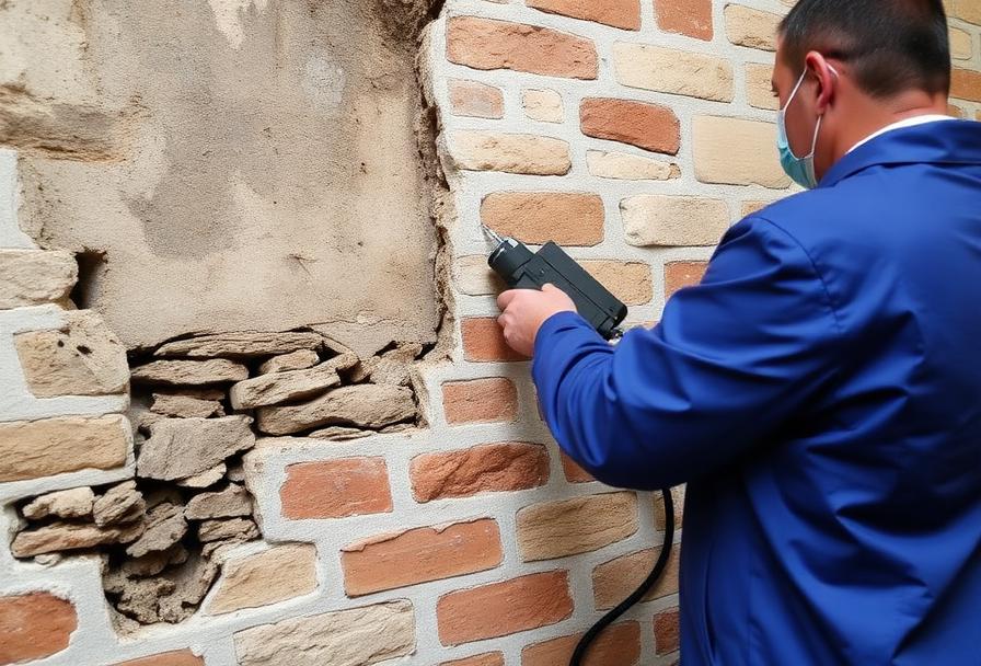Technicien injectant de la résine hydrophobe dans les joints d'un mur en brique pour créer une barrière capillaire