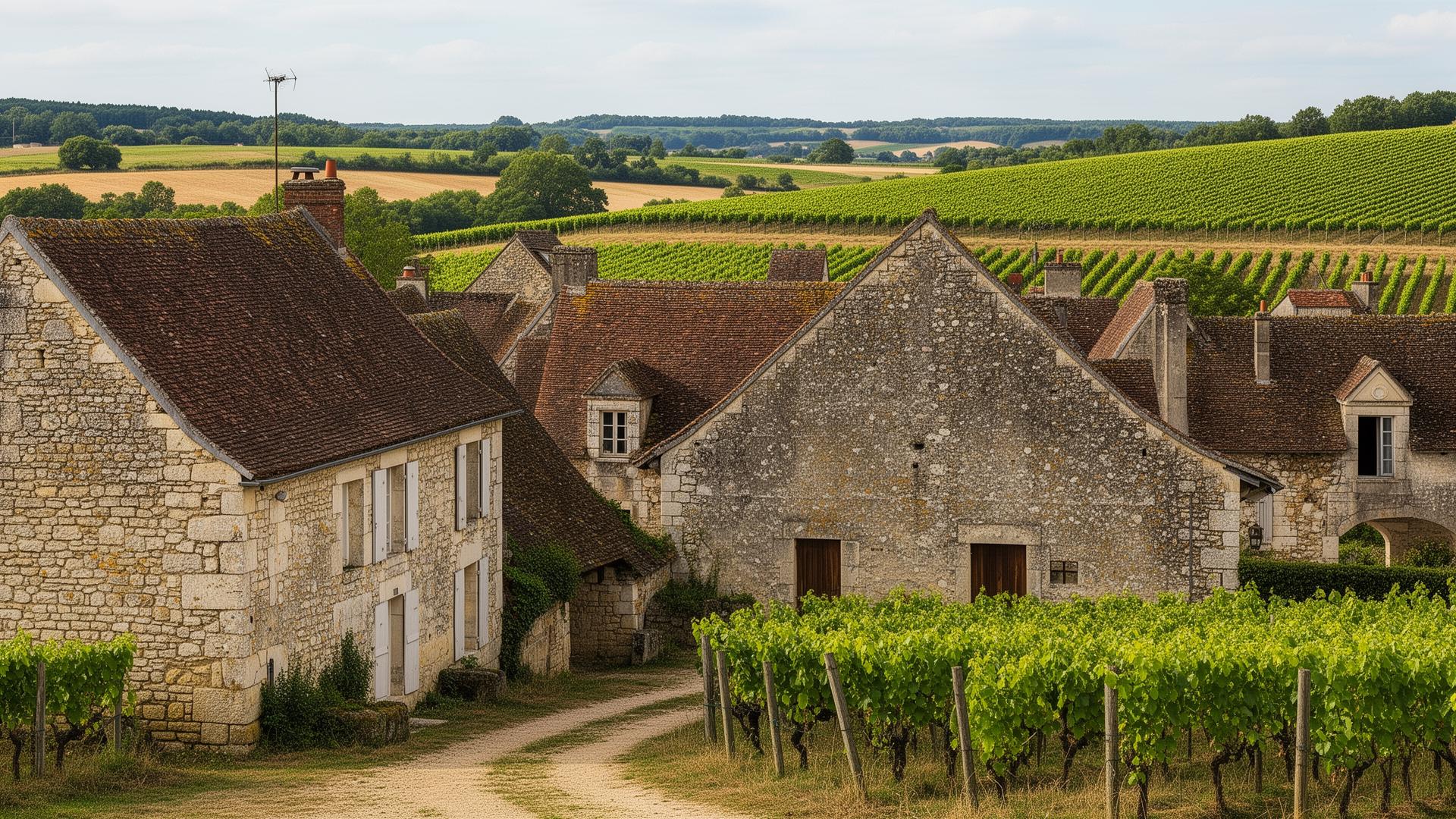 Village bourguignon avec maisons en pierre et vignobles en Saône-et-Loire