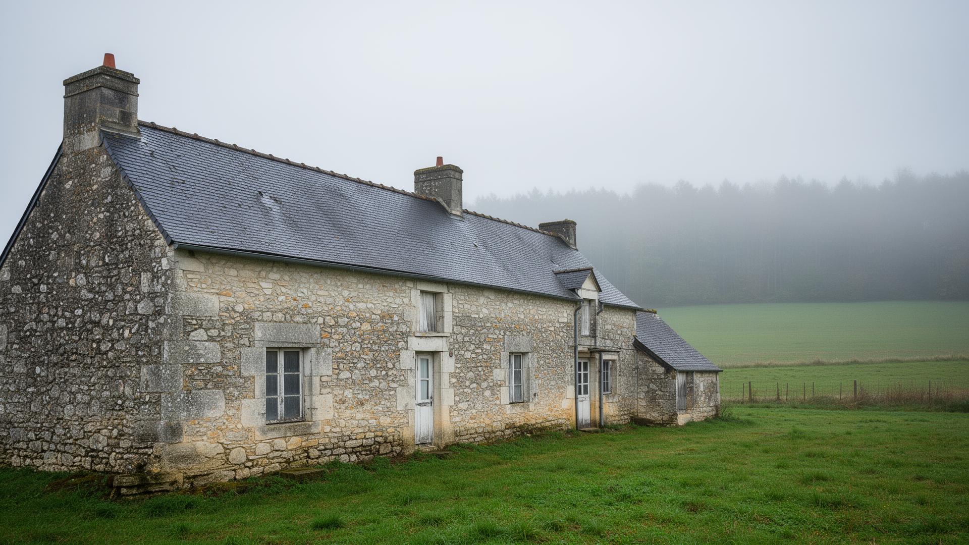 Longère traditionnelle en Sarthe sous ciel humide