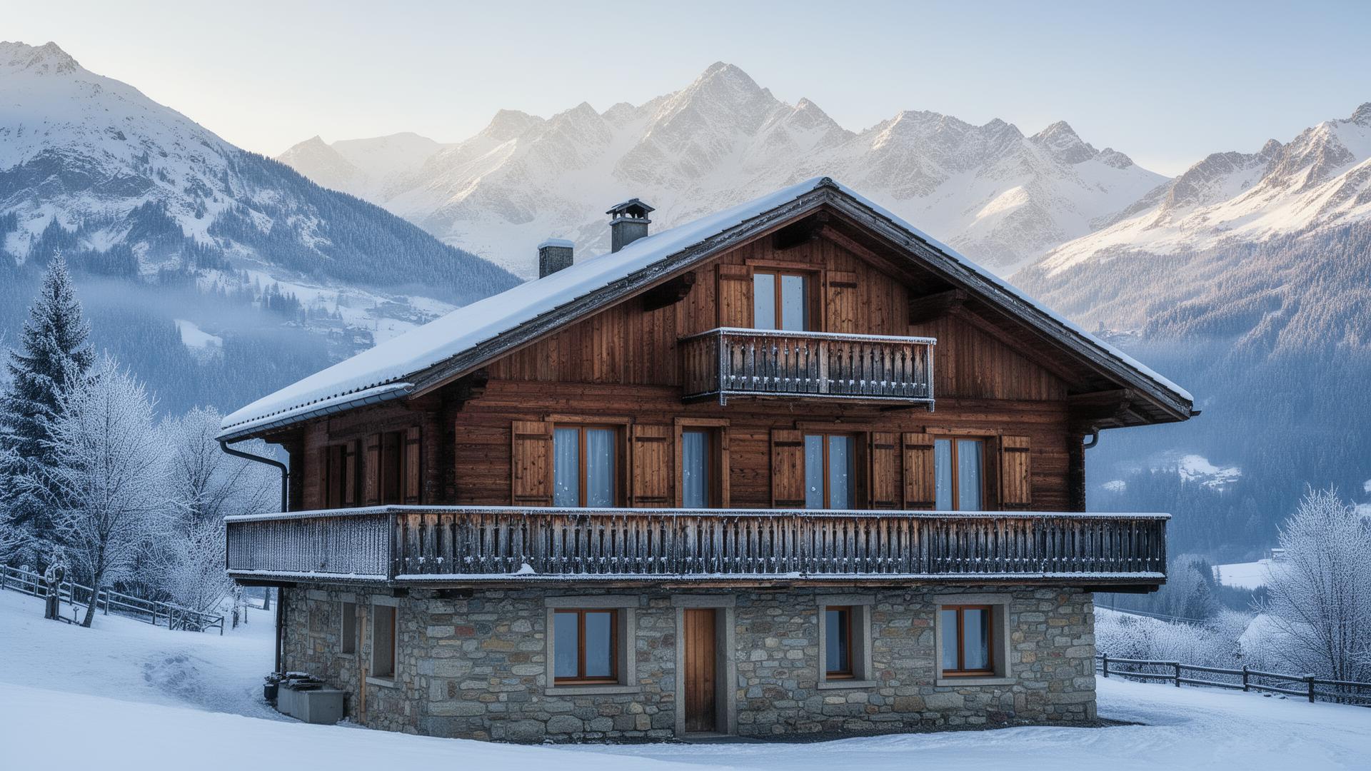 Chalet traditionnel savoyard en bois et pierre dans un paysage de montagne enneigé avec sommets alpins