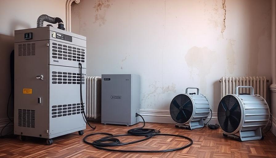 Équipement professionnel de séchage technique après sinistre : déshumidificateur industriel et ventilateurs dans une pièce