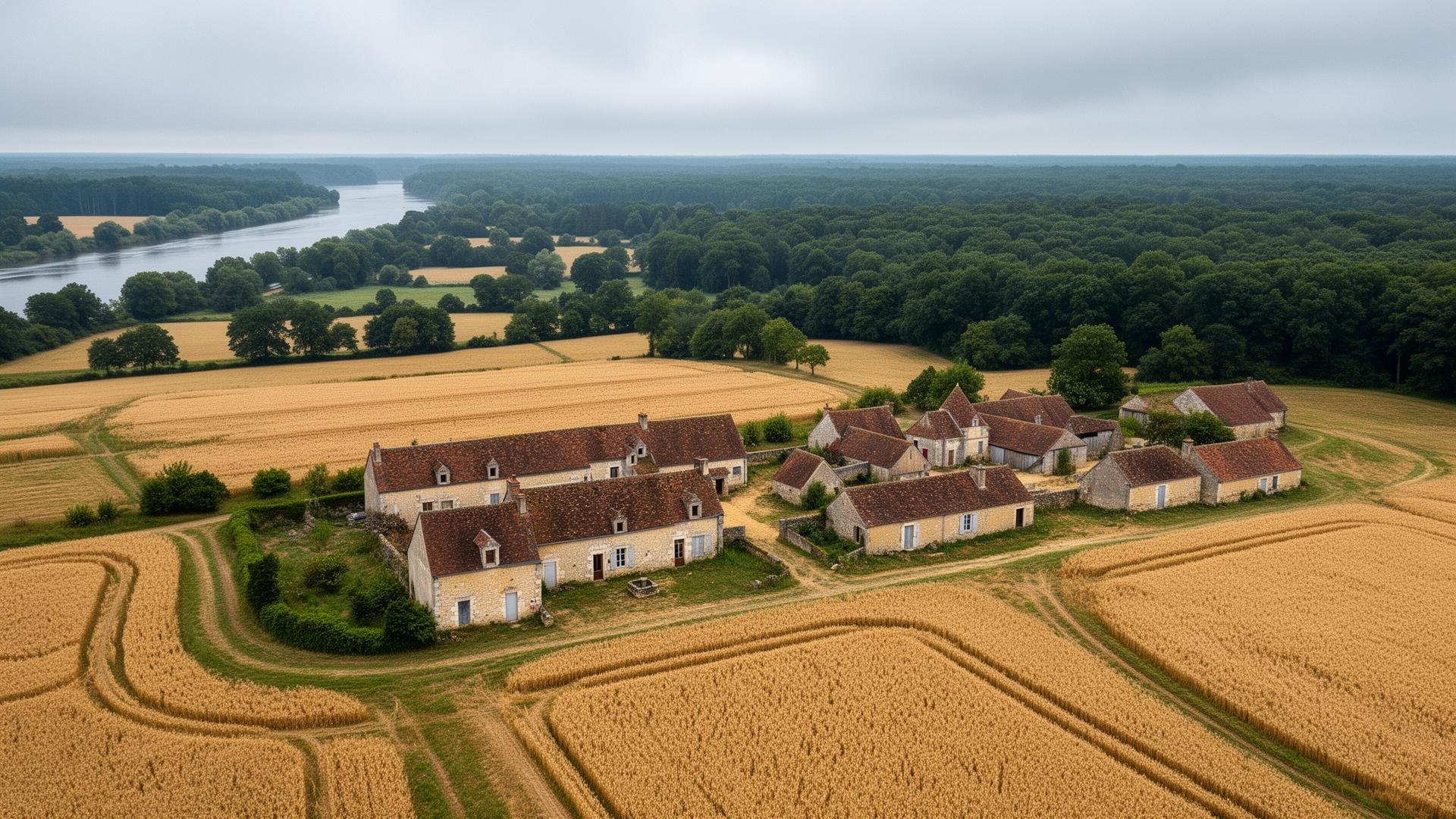 Vue aérienne de la Seine-et-Marne avec fermes briandes, champs de blé et forêt de Fontainebleau
