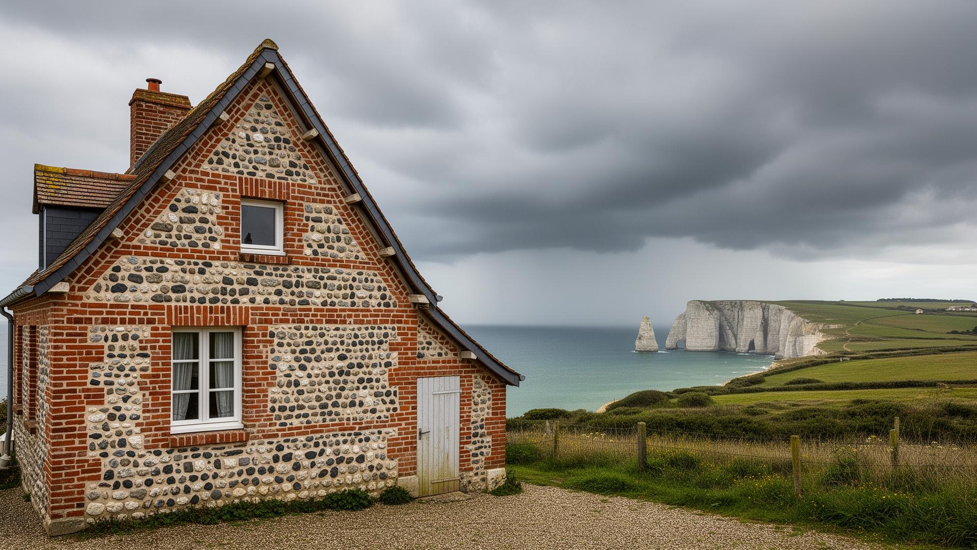 Maison traditionnelle normande en brique et silex avec les falaises d'Étretat en arrière-plan