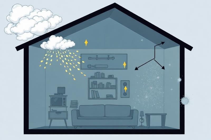 Schéma montrant l'accumulation de polluants dans un logement mal ventilé : CO2, humidité, particules