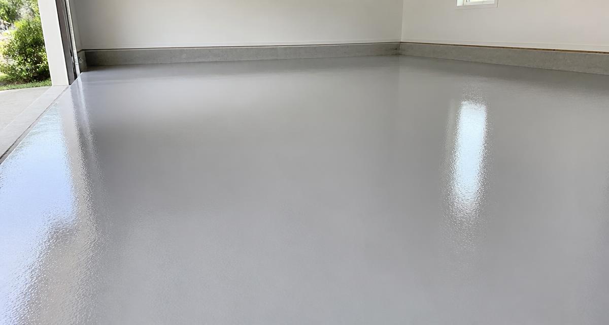 Sol en résine époxy gris brillant appliqué dans un garage résidentiel