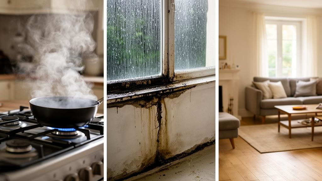 Schéma des différentes sources d'humidité dans une maison : infiltrations, condensation, remontées capillaires