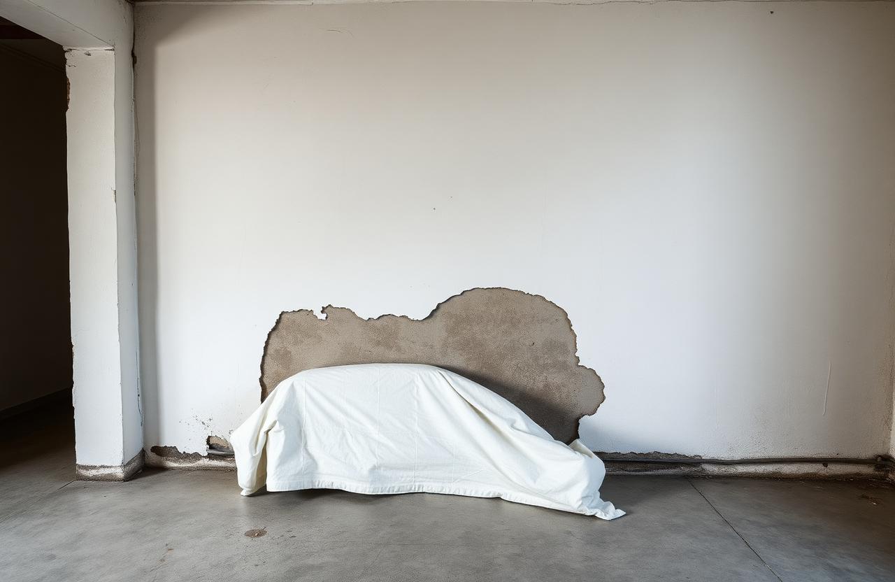 Mur de sous-sol aménagé en chambre humide, enduit cloqué et moisi derrière la tête de lit