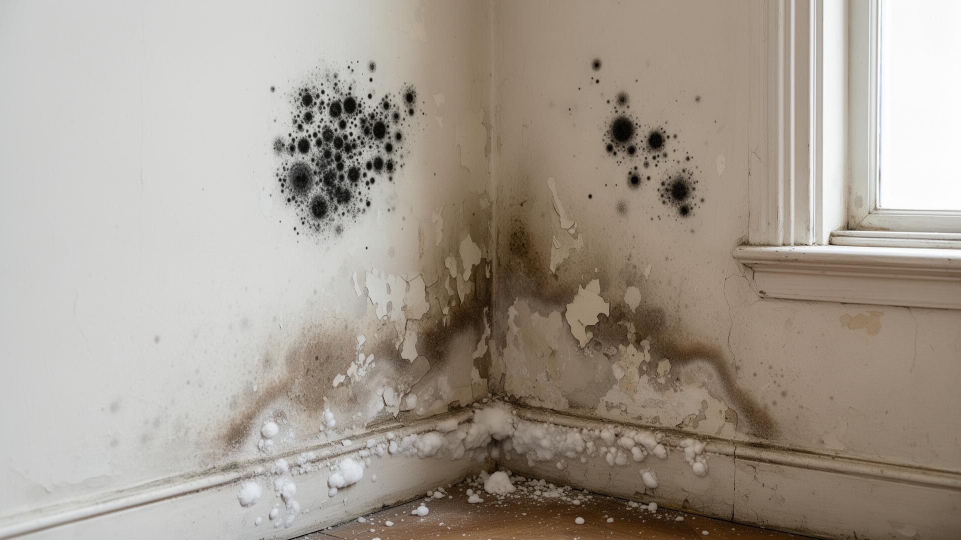 Mur intérieur présentant des symptômes multiples d'humidité : moisissures, salpêtre et peinture cloquée