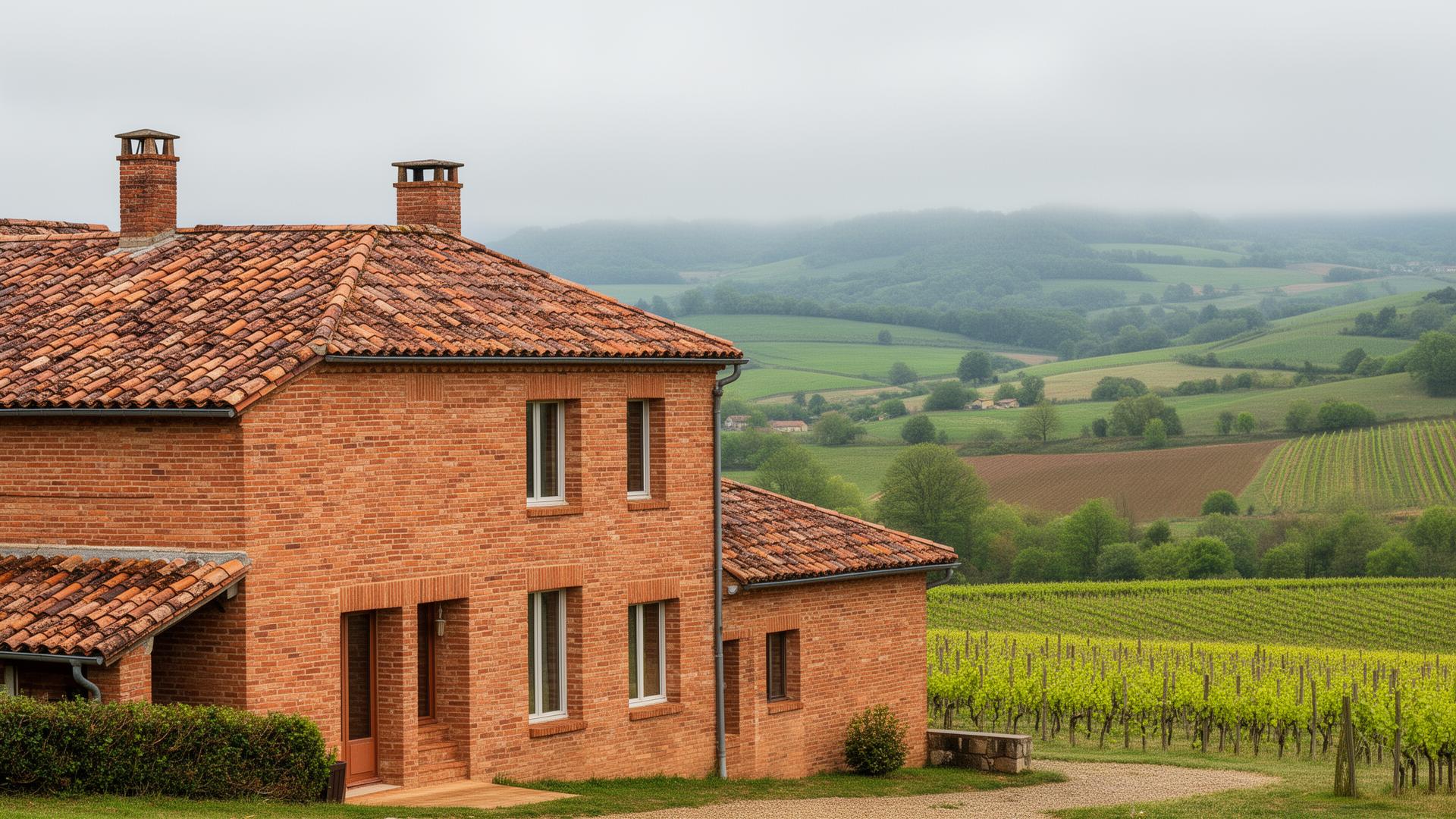 Maison en brique traditionnelle du Tarn avec collines verdoyantes