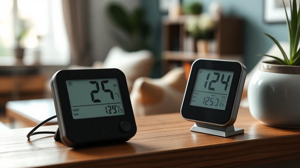 Hygromètre numérique affichant le taux d'humidité dans un salon lumineux