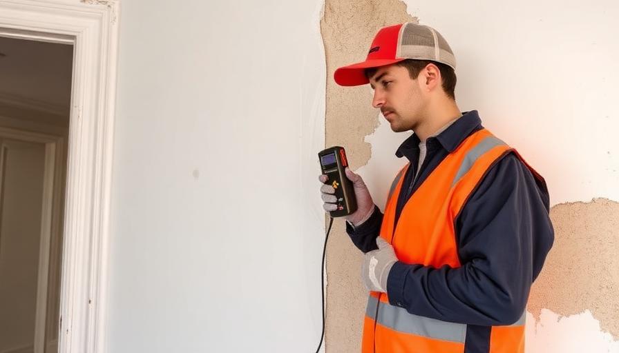 Technicien du bâtiment utilisant un humidimètre pour diagnostiquer l'étendue d'un dégât des eaux sur un mur