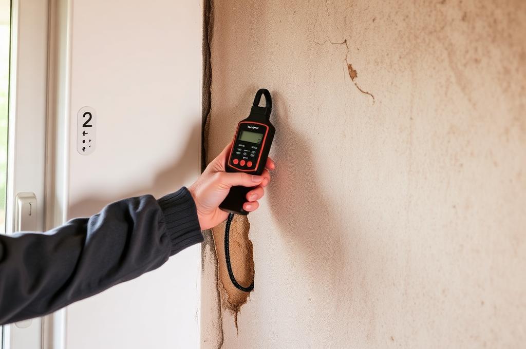 Technicien utilisant un hygromètre professionnel pour diagnostiquer l'humidité sur un mur dégradé dans un logement