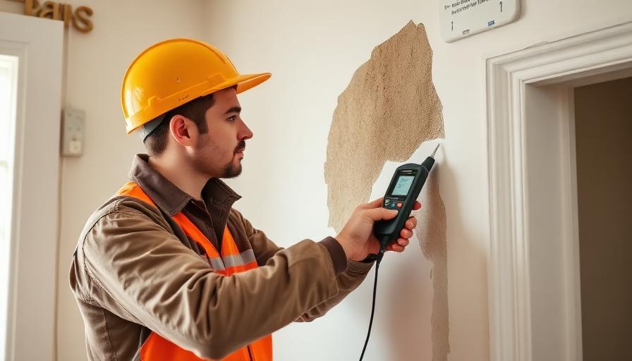 Technicien utilisant un appareil de mesure d'humidité sur un mur endommagé