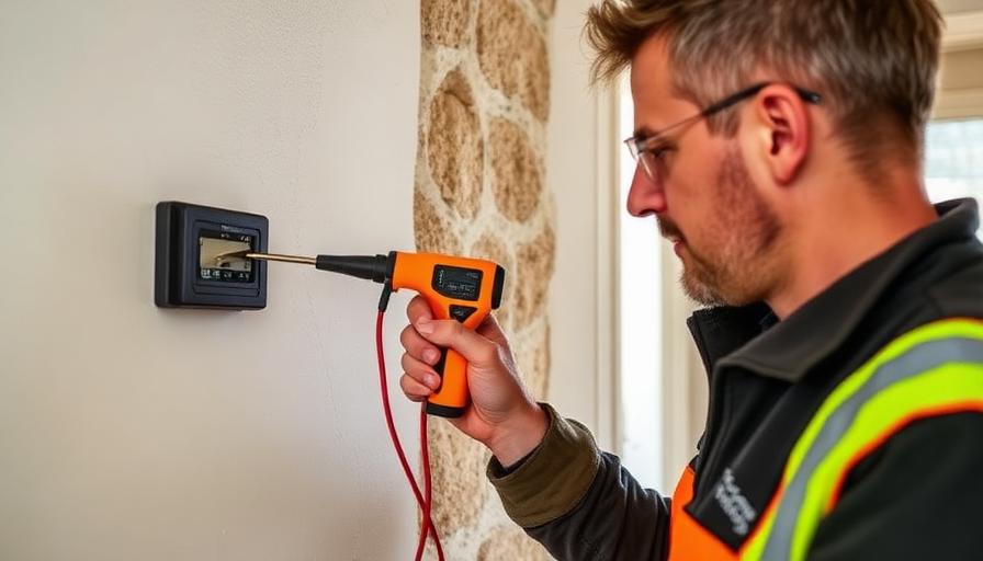 Technicien du bâtiment utilisant un humidimètre pour diagnostiquer un mur humide dans une maison