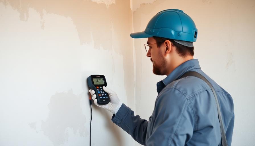 Technicien du bâtiment utilisant un humidimètre professionnel sur un mur après un dégât des eaux