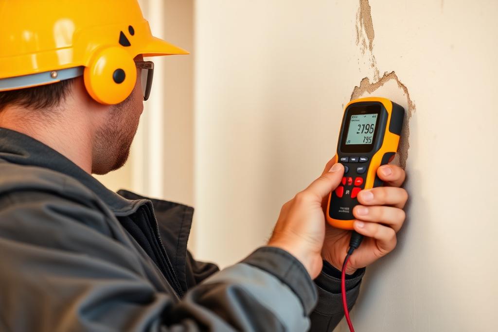 Technicien du bâtiment utilisant un hygromètre professionnel pour mesurer le taux d'humidité dans un mur dégradé d'un logement français