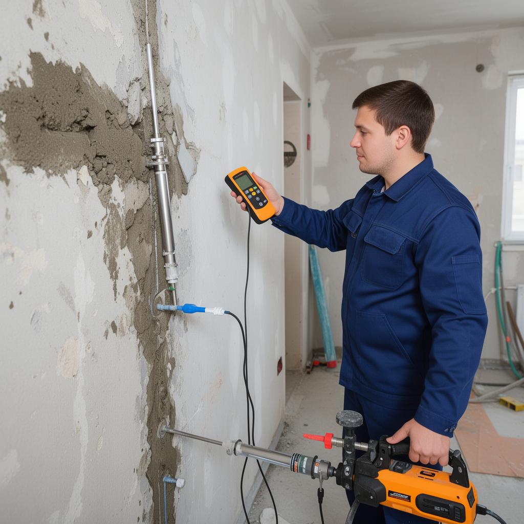 Technicien professionnel mesurant l'humidité d'un mur avec un appareil de diagnostic, chantier de traitement de l'humidité