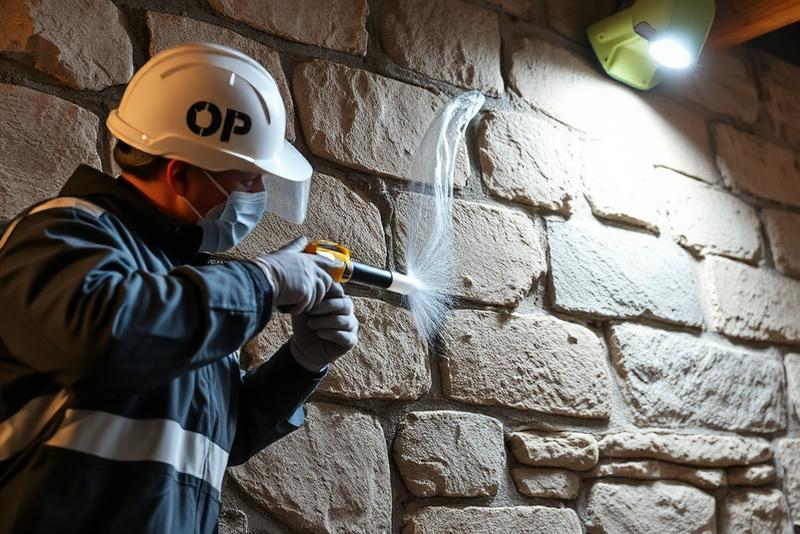 Technicien injectant de la résine dans un mur humide en pierre pour traitement