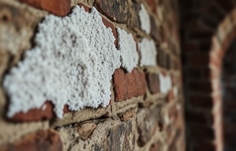Dépôts de salpêtre sur un mur ancien nécessitant un traitement professionnel
