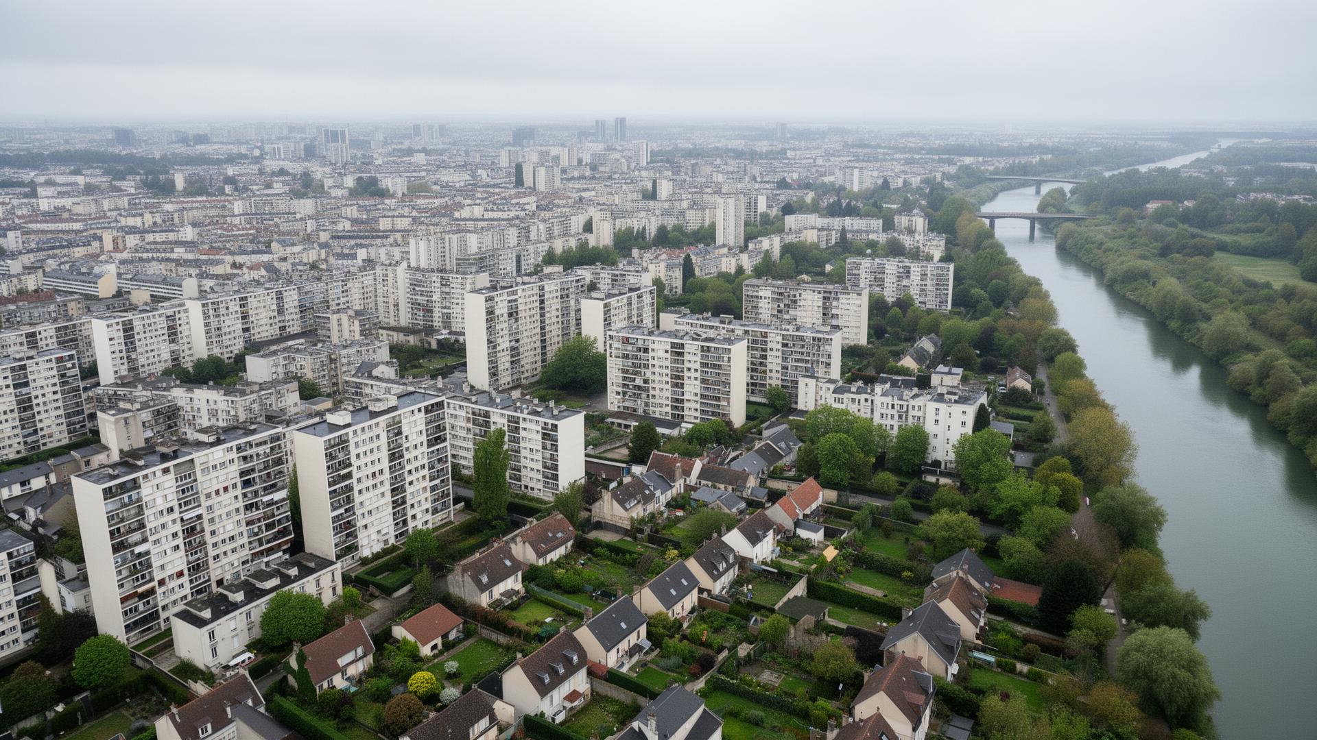 Vue aérienne du Val-de-Marne avec immeubles collectifs et pavillons le long de la Marne