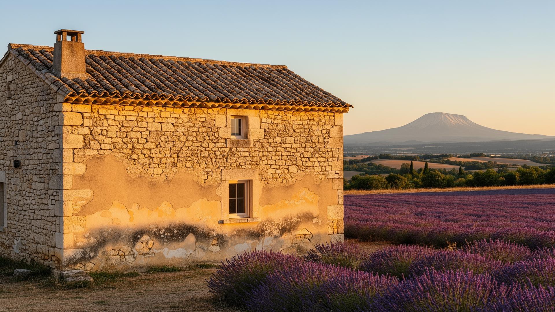 Mas provençal traditionnel dans le Vaucluse avec le Mont Ventoux en arrière-plan