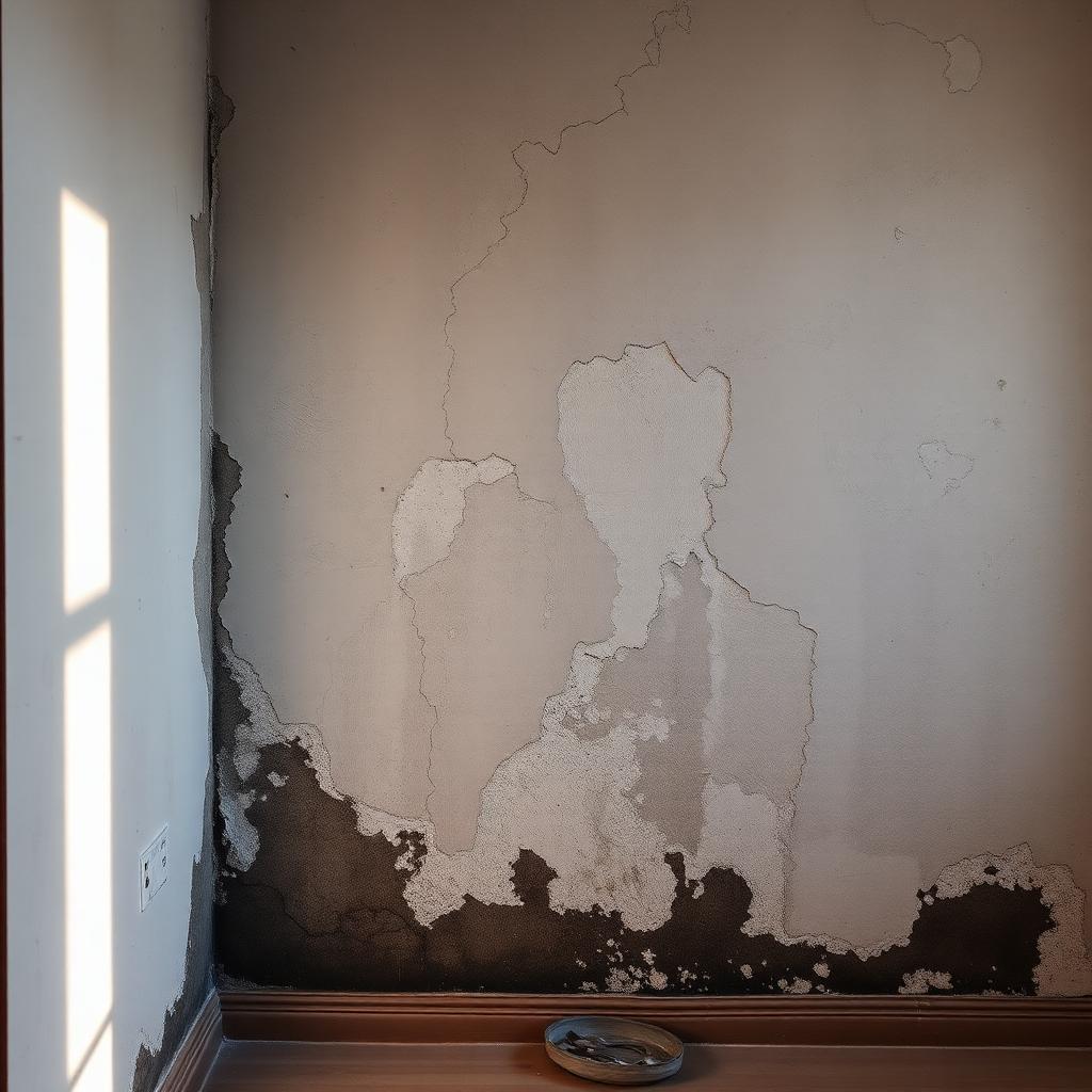 Bas de mur intérieur présentant des traces d'humidité, du salpêtre et des moisissures dans une maison récemment acquise