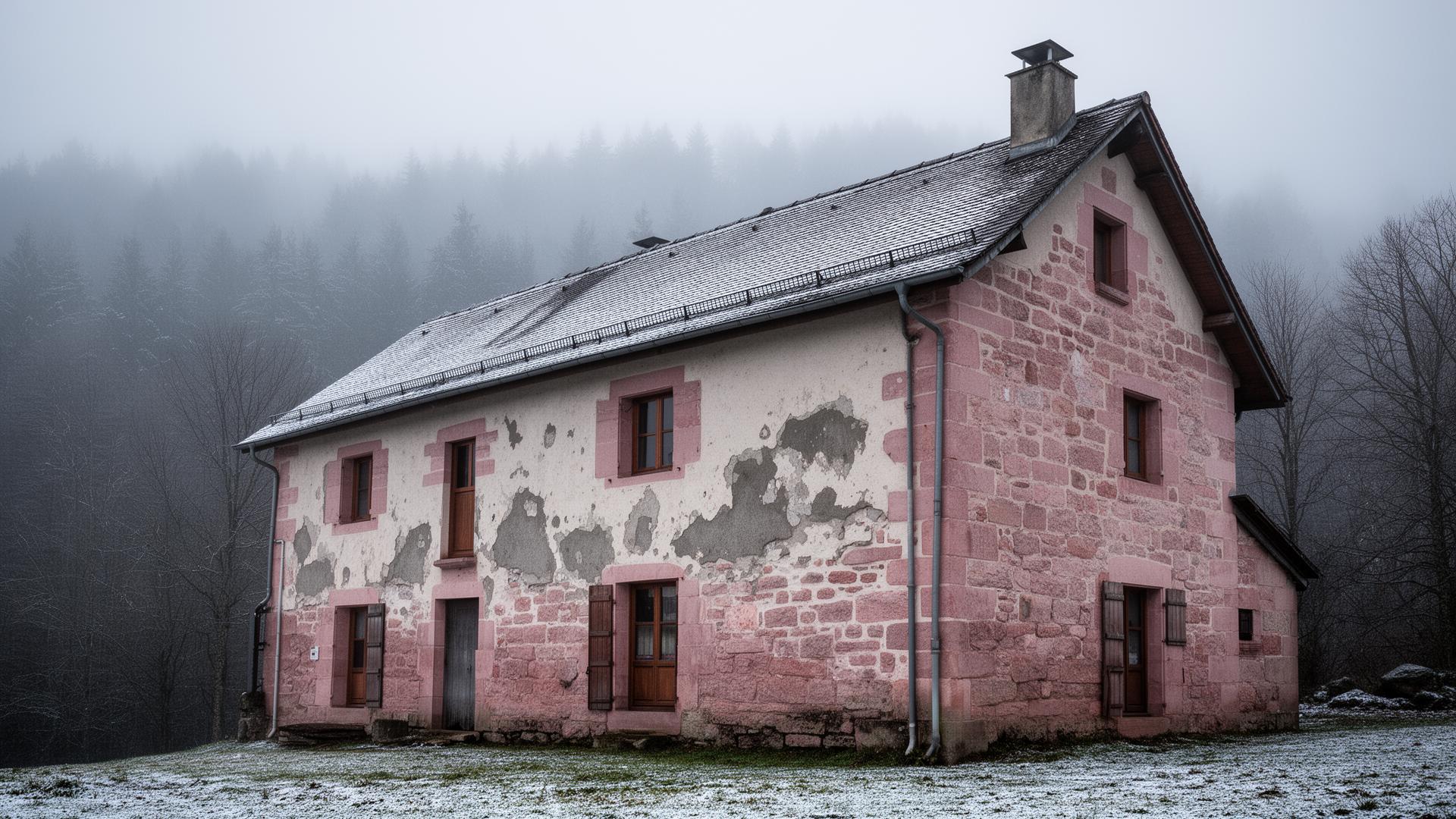 Ferme vosgienne traditionnelle en grès rose avec traces d'humidité, forêt brumeuse en arrière-plan
