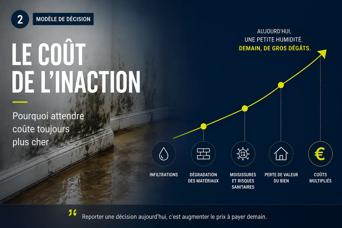 Le coût de l'inaction : progression exponentielle des dégâts d'humidité — infiltrations, dégradation des matériaux, moisissures, perte de valeur, coûts multipliés.