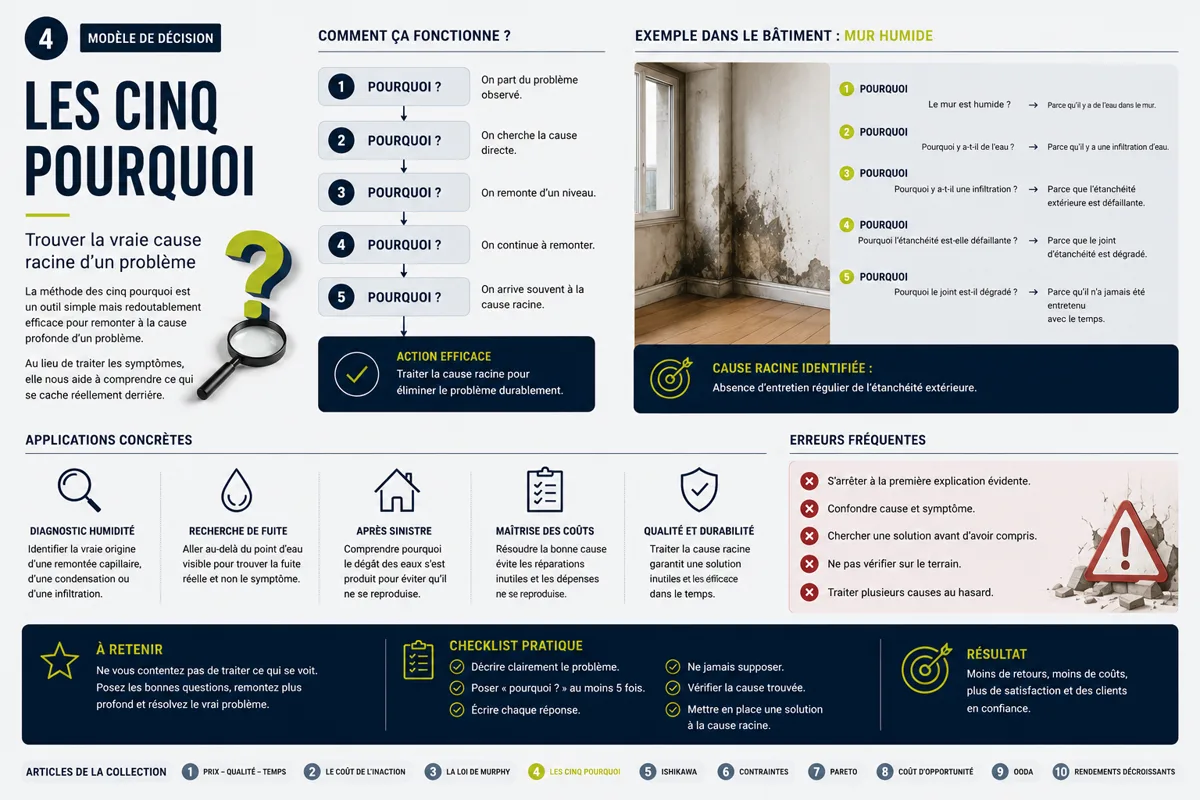 Infographie « Les cinq pourquoi » : méthode pas à pas pour remonter du symptôme à la cause racine sur un mur humide.