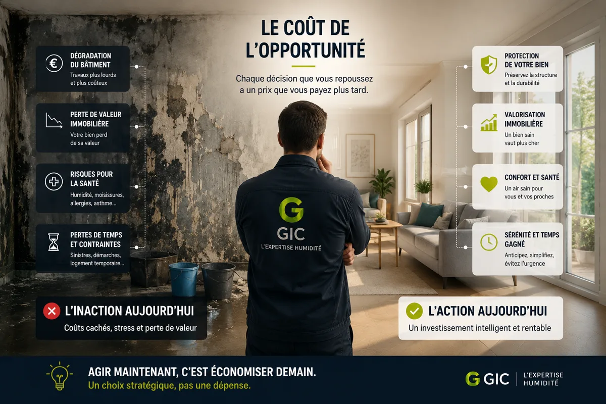Infographie « Le coût de l'opportunité » : ce que l'inaction coûte vraiment (dégradation, perte de valeur, santé, temps) face à l'action aujourd'hui.