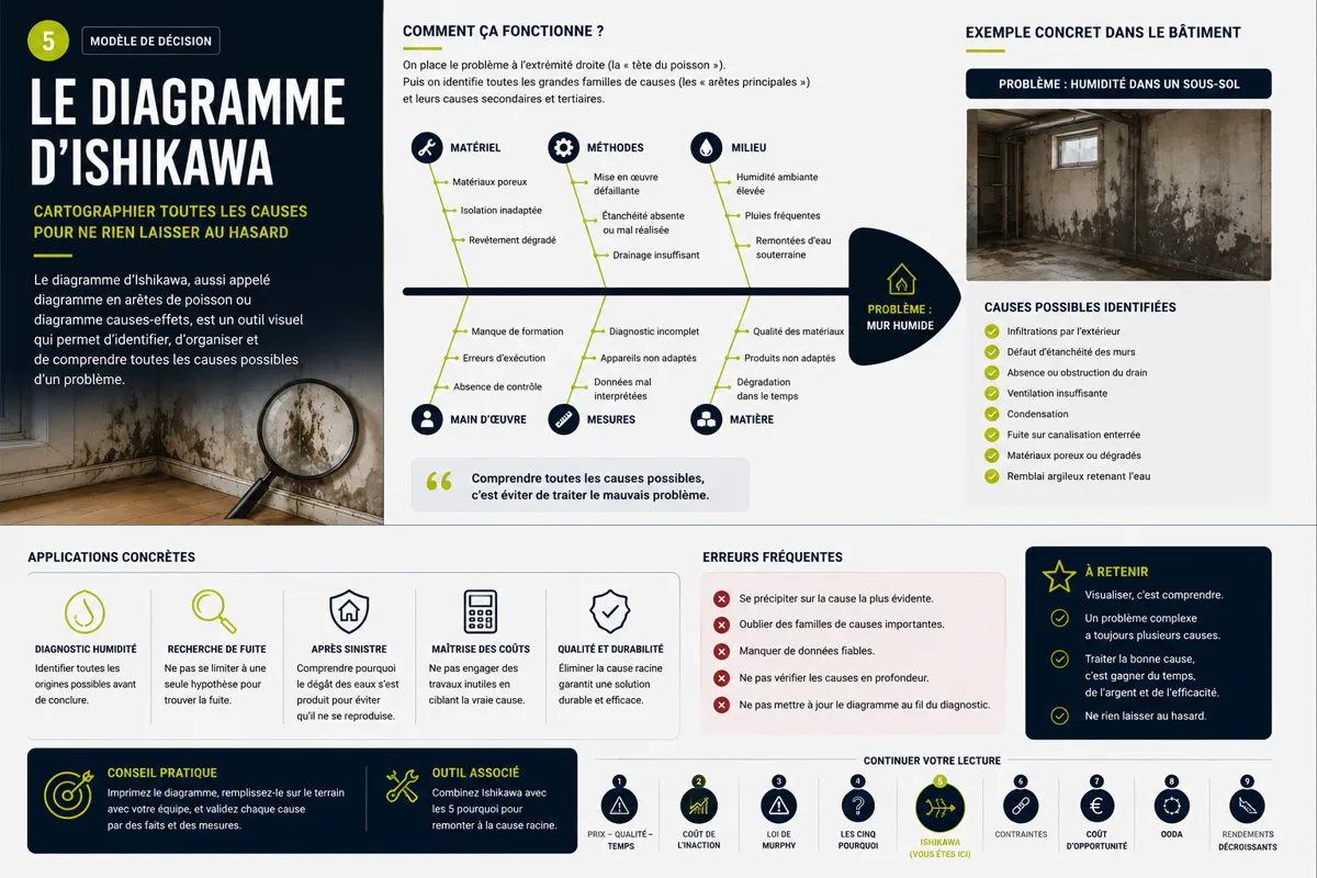 Infographie « Le diagramme d'Ishikawa » : arêtes de poisson des sept familles de causes appliquées à un mur humide.
