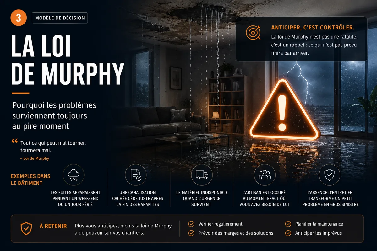 Infographie « La loi de Murphy » : pourquoi les problèmes surviennent toujours au pire moment et comment les anticiper.
