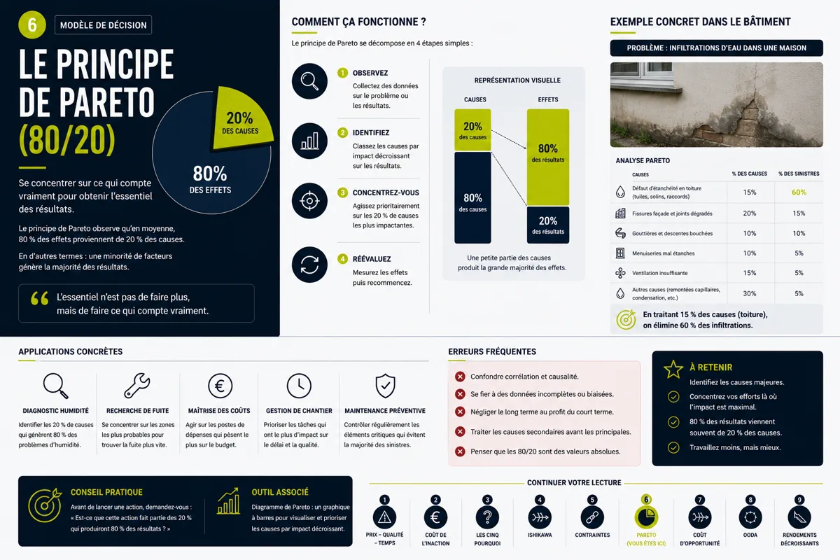 Infographie « Le principe de Pareto 80/20 » appliqué aux infiltrations d'une maison : 15 % des causes expliquent 60 % des sinistres.