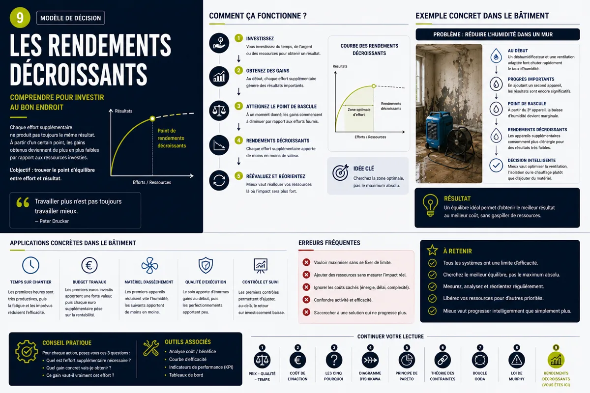 Infographie « Les rendements décroissants » : courbe d'efficacité d'un séchage et point de bascule à partir duquel chaque appareil supplémentaire apporte moins de résultat.