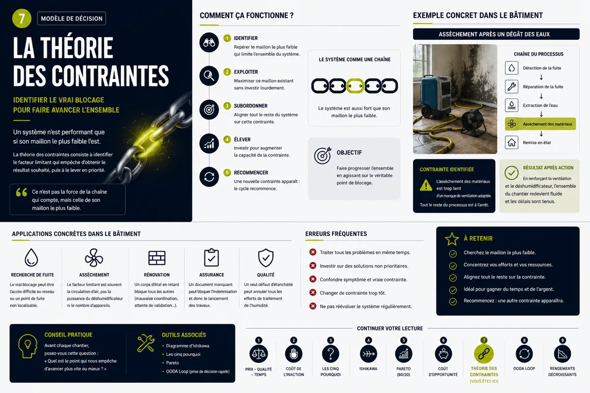 Infographie « La théorie des contraintes » : identifier le maillon le plus faible d'un chantier humidité pour débloquer l'ensemble.