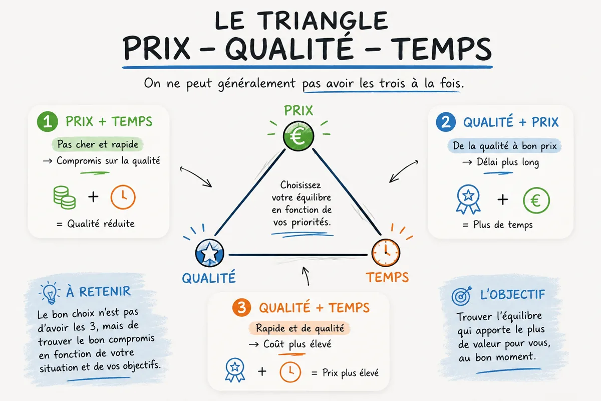 Infographie du triangle Prix – Qualité – Temps : trois compromis possibles (Prix+Temps, Qualité+Prix, Qualité+Temps)